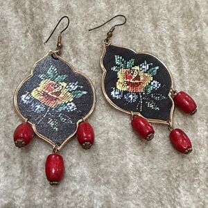 Plunder Black Floral Drop Earrings with Red Beads